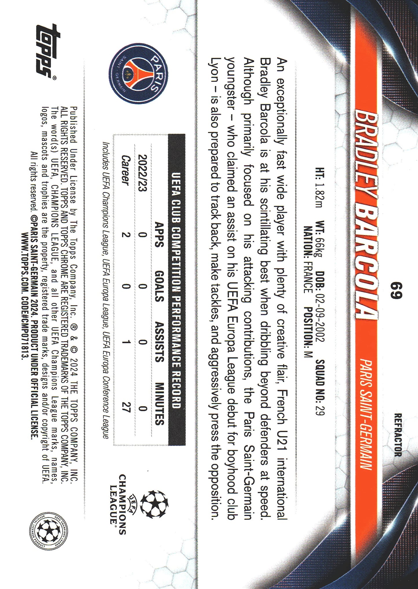 2023 Topps Chrome UCC Refractor Bradley Barcola RC #69 Paris Saint-Germain