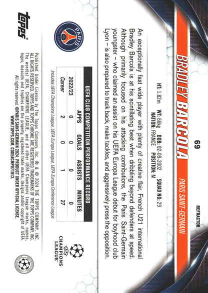 2023 Topps Chrome UCC Refractor Bradley Barcola RC #69 Paris Saint-Germain
