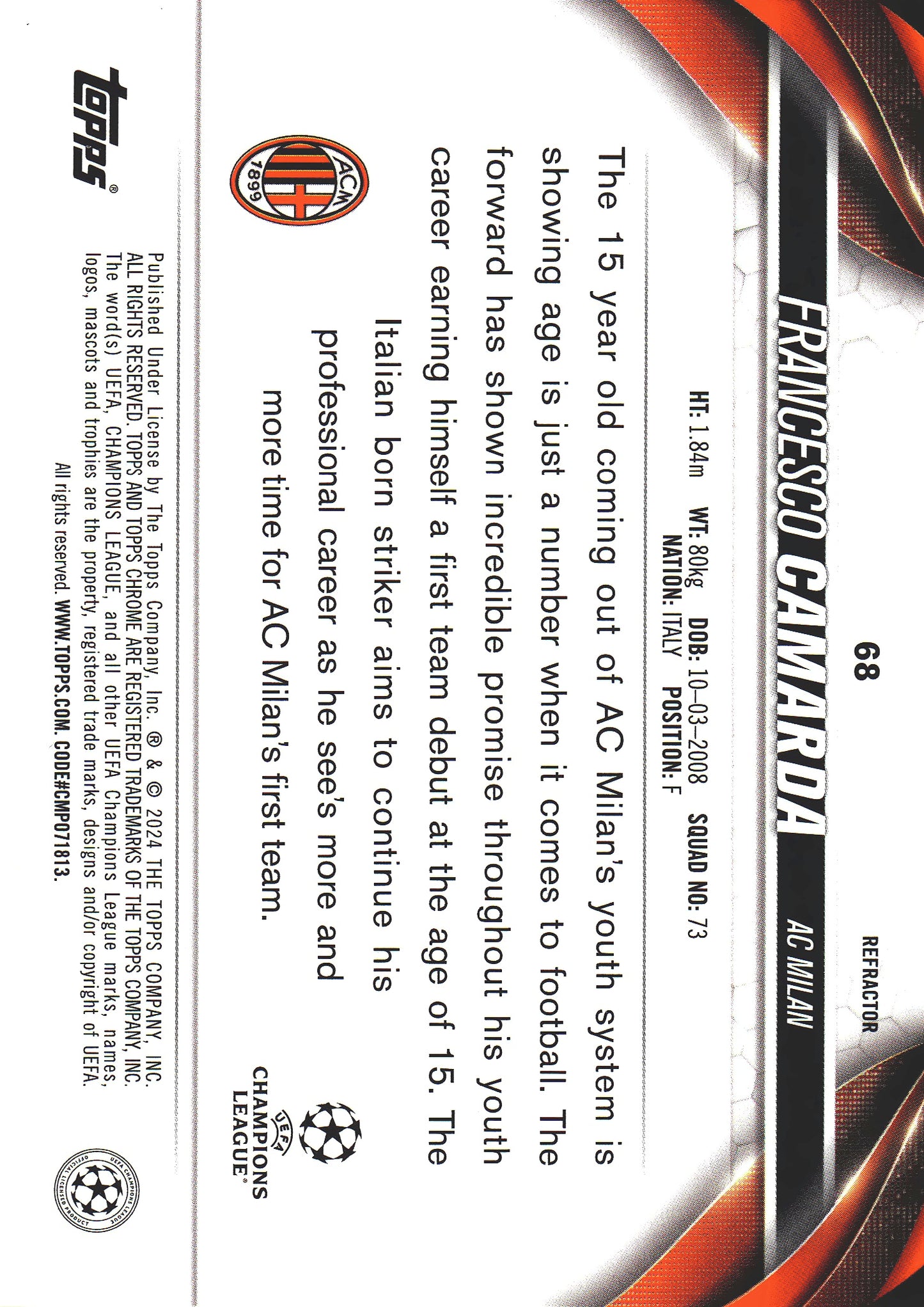 2023 Topps Chrome UCC Refractor Francesco Camarda RC #68 AC Milan