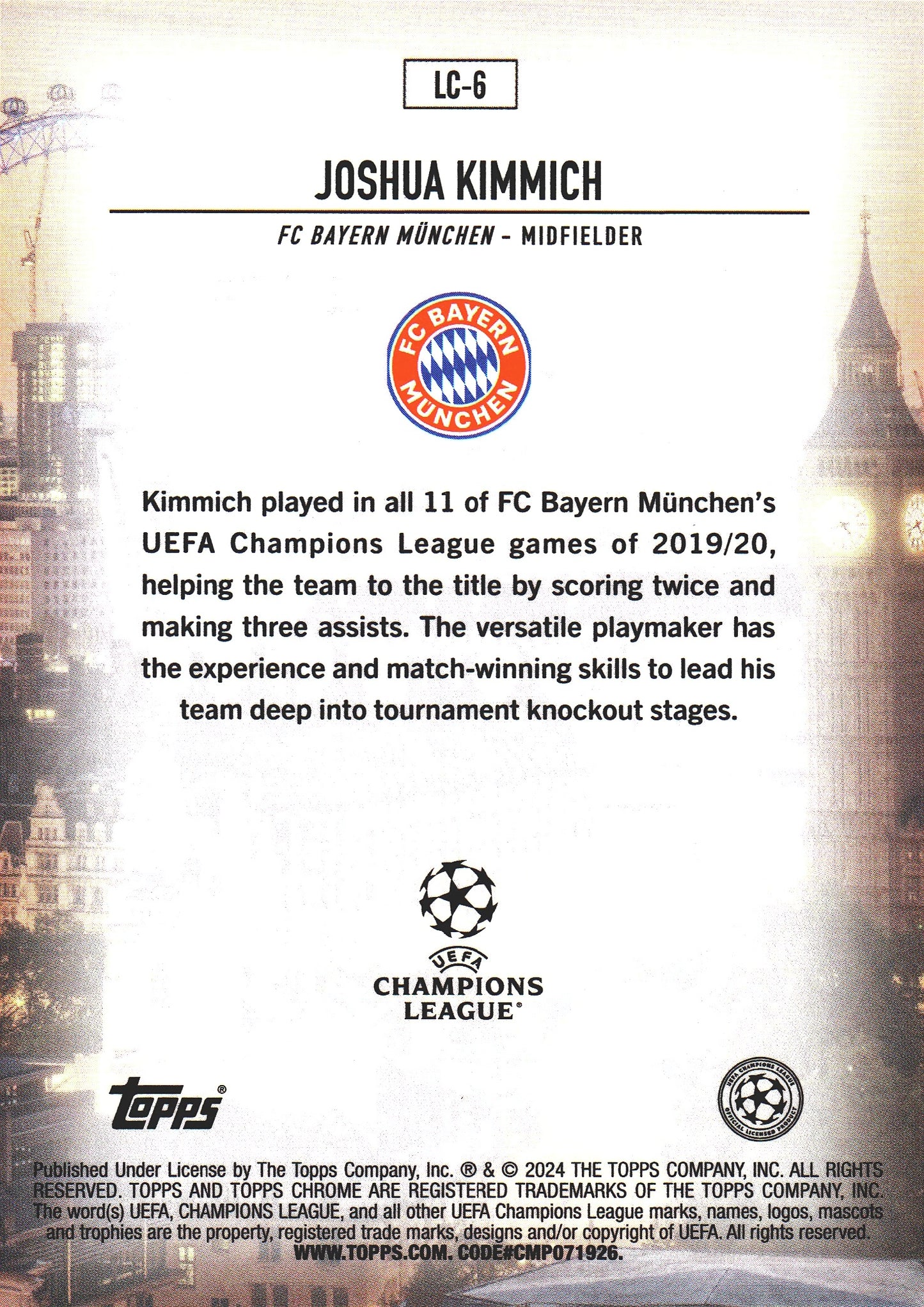 2023 Topps Chrome UCC London Calling Blue Wave /75 Joshua Kimmich #LC-6 Bayern Munich