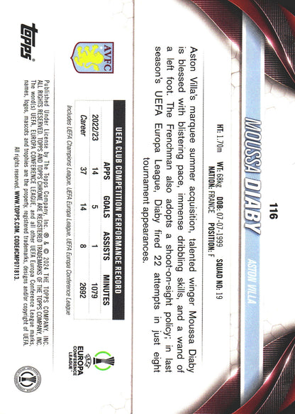 2023 Topps Chrome UCC Sapphire Yellow /75 Moussa Diaby #116 Aston Villa