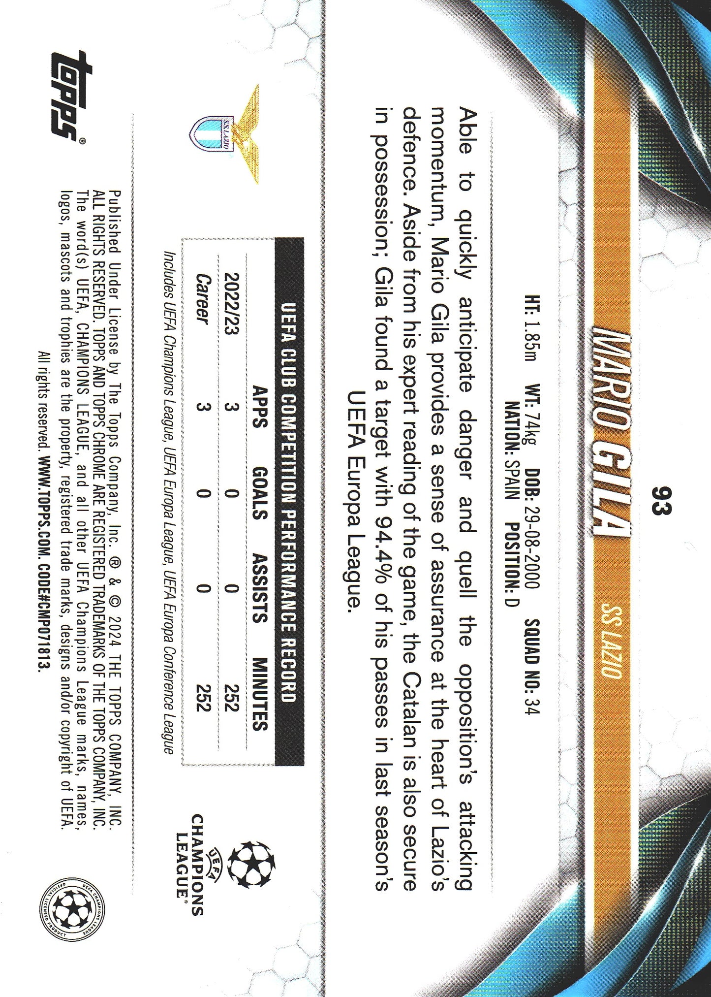2023 Topps Chrome UCC Sapphire Gold /50 Mario Gila #93 Lazio Rome