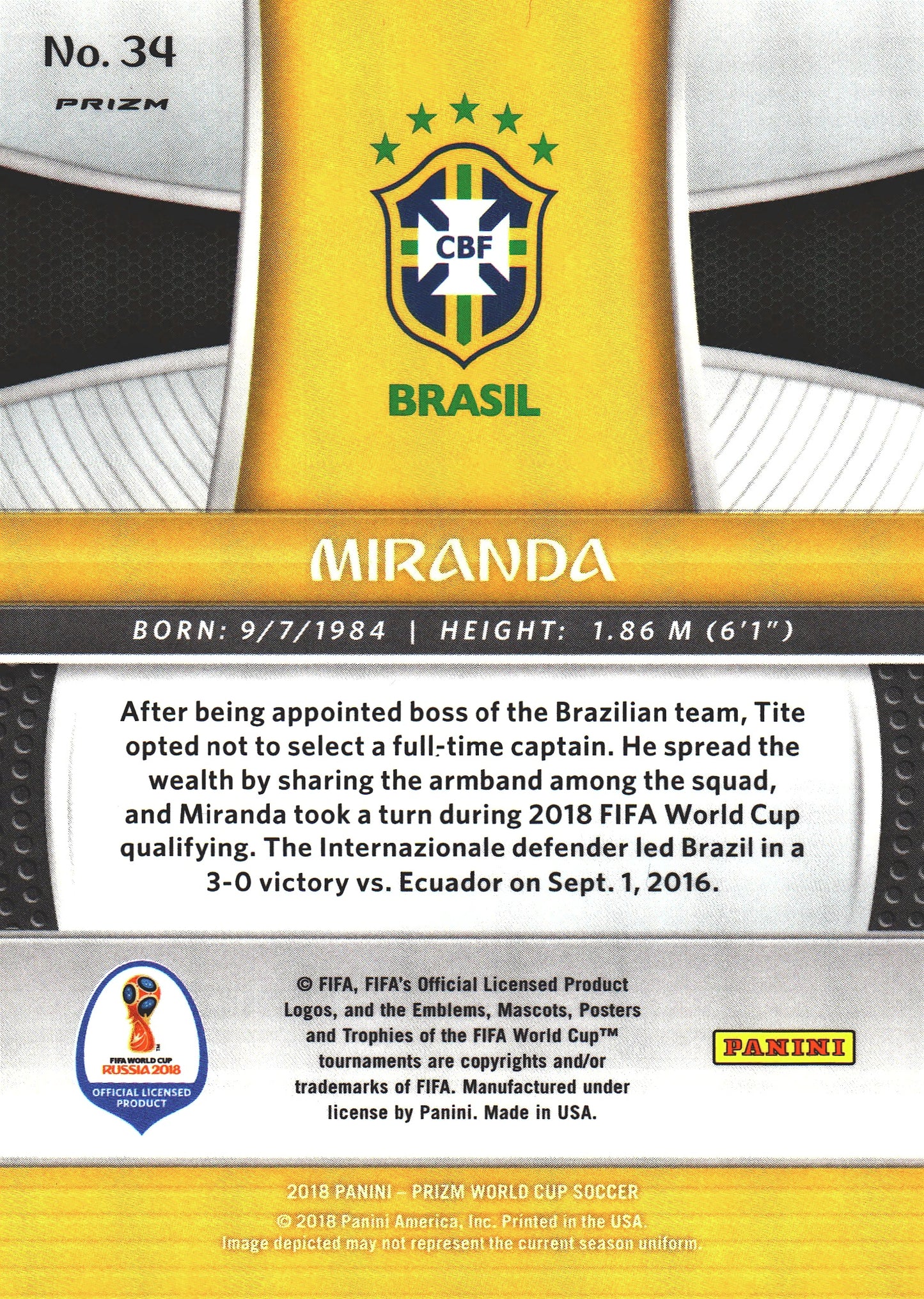 2018 Panini Prizm FIFA World Cup Black & Gold Wave Prizm Miranda #34 Brésil