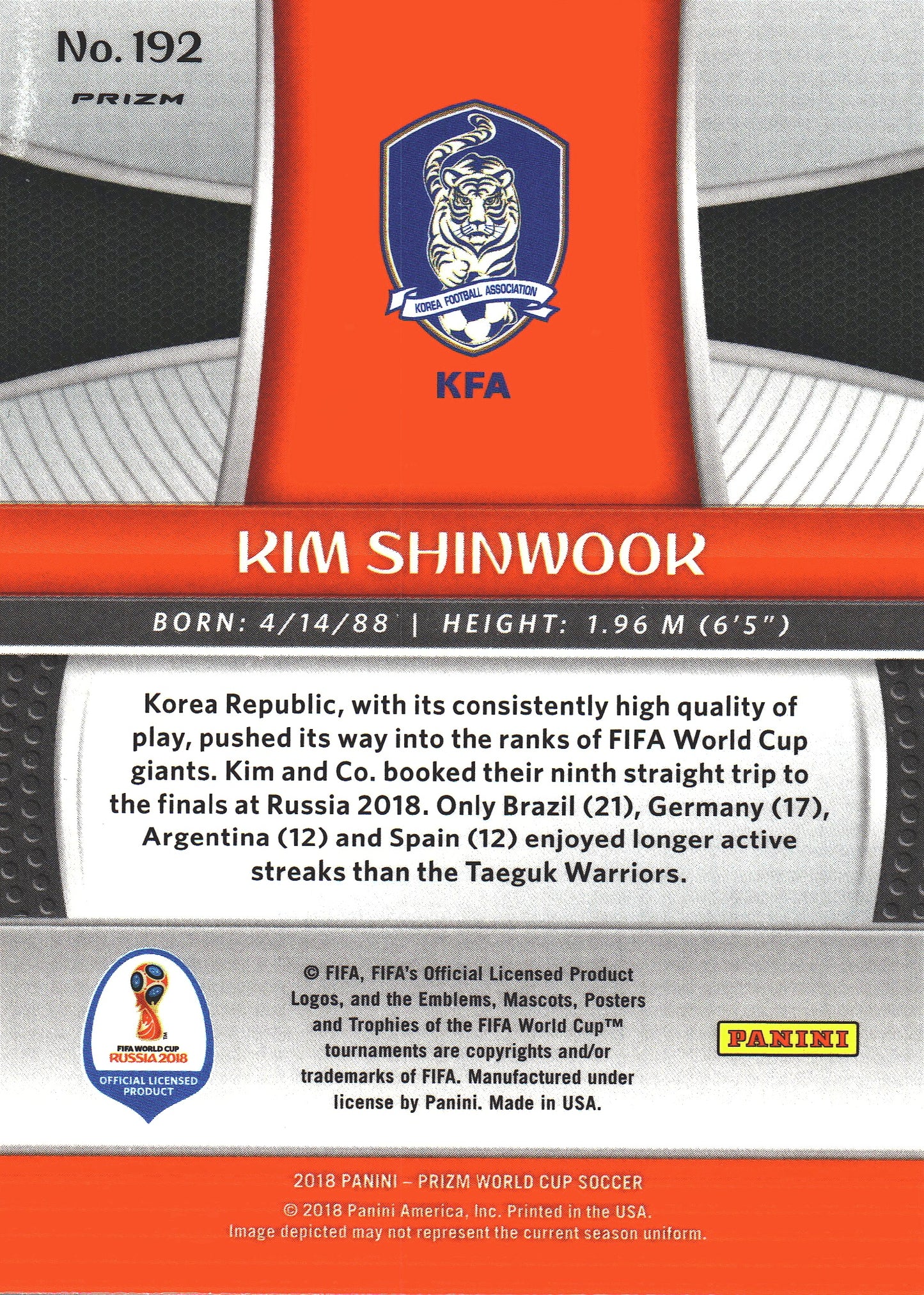 2018 Panini Prizm FIFA World Cup Green & Orange Wave Prizm Kim Shin-Wook #192 Corée du Sud