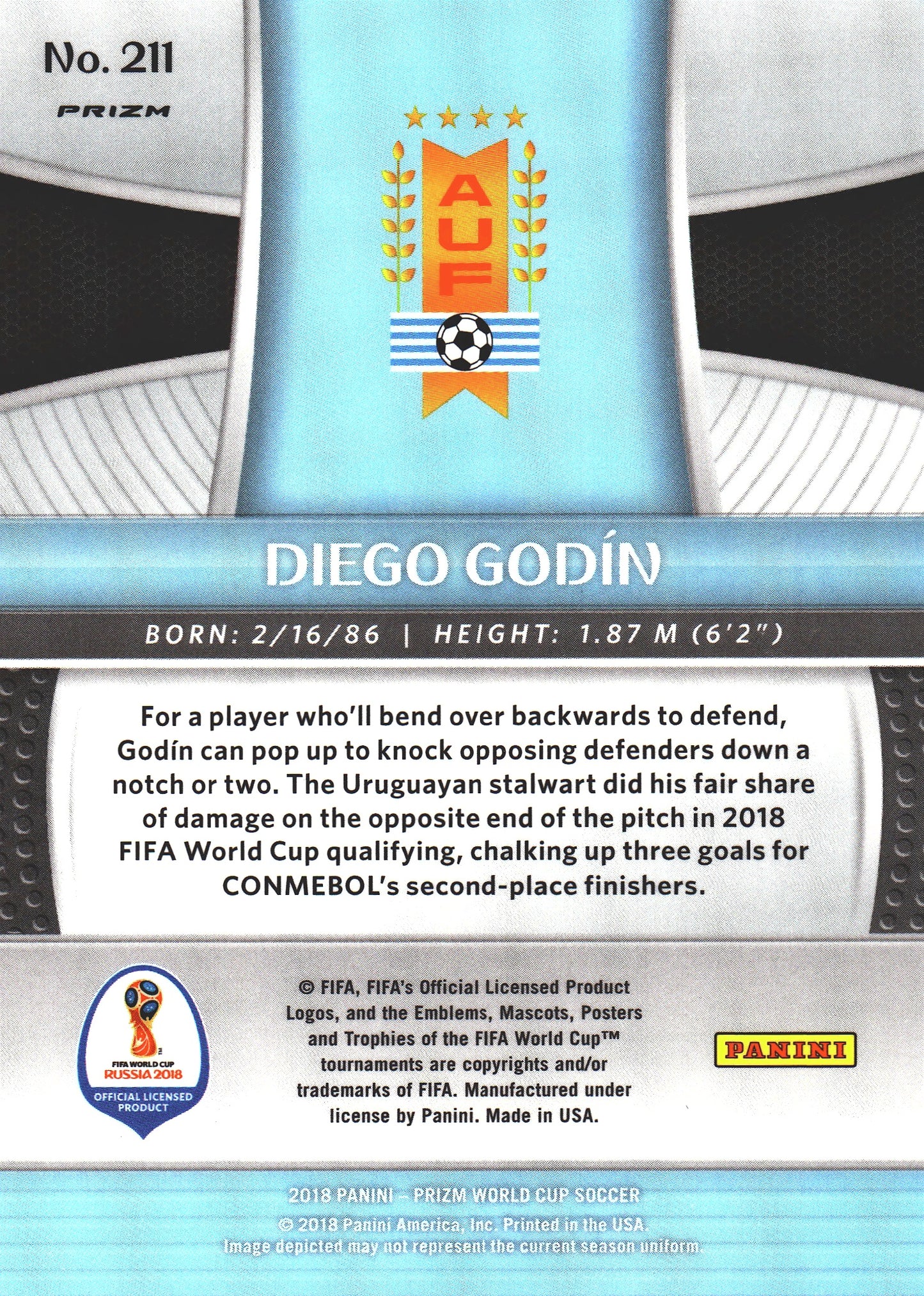 2018 Panini Prizm FIFA World Cup Silver Diego Godin #211 Uruguay