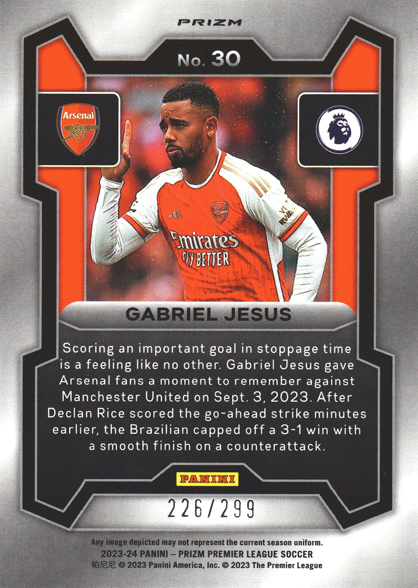 2023 Panini Prizm Premier League Blue /299 Gabriel Jesus #30 Arsenal