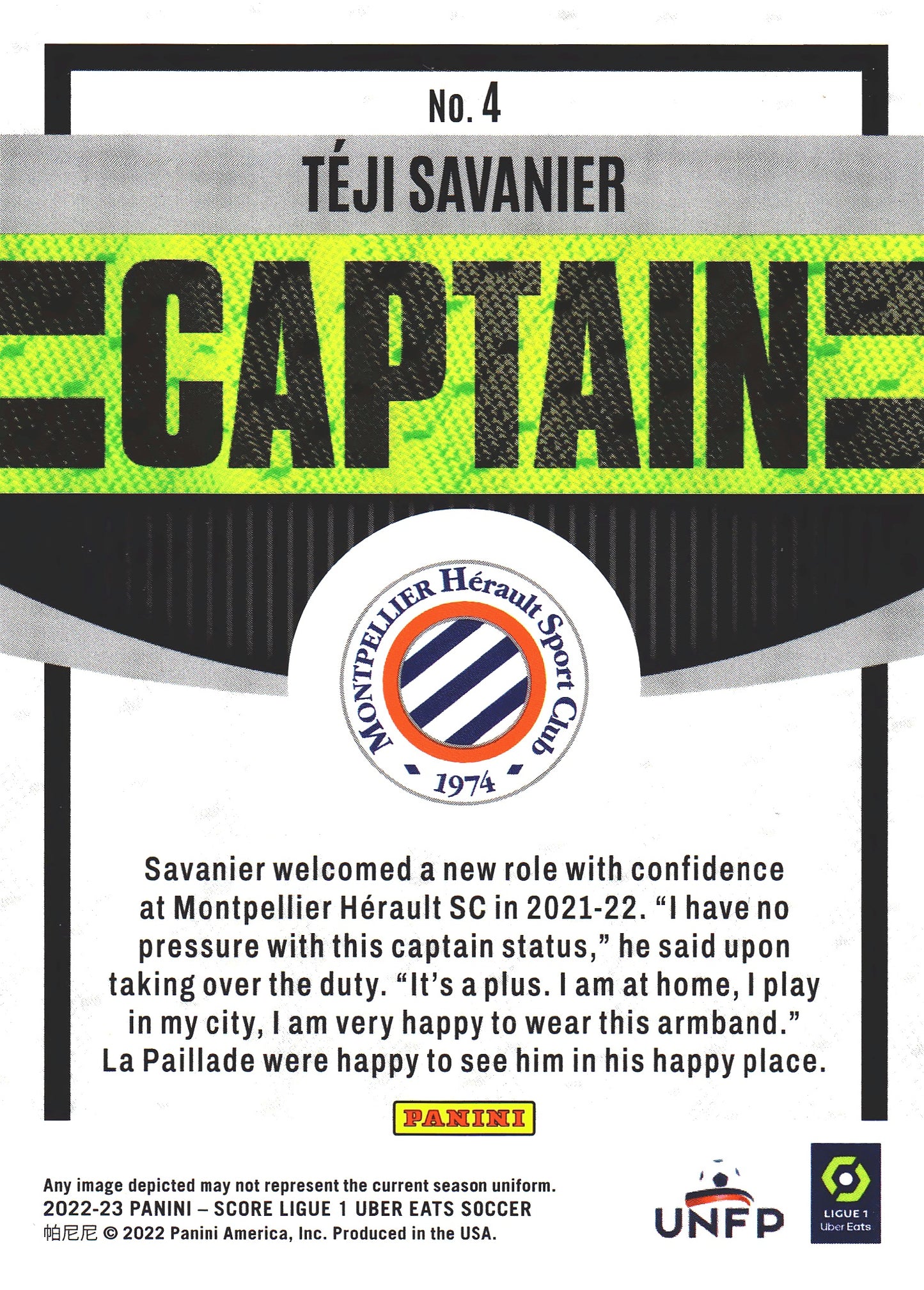 2022 Panini Score Ligue 1 Captain Teji Savanier #4 Montpellier Herault SC
