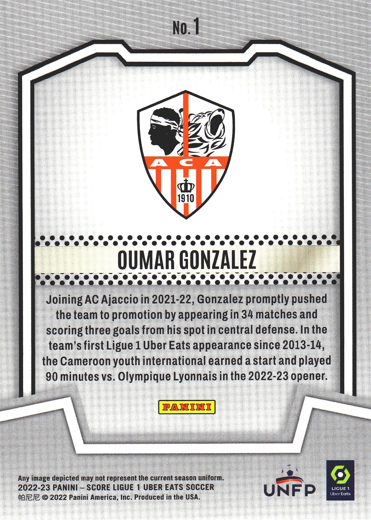 2022 Panini Score Ligue 1 Score Team Oumar Gonzalez RC #1 AC Ajaccio