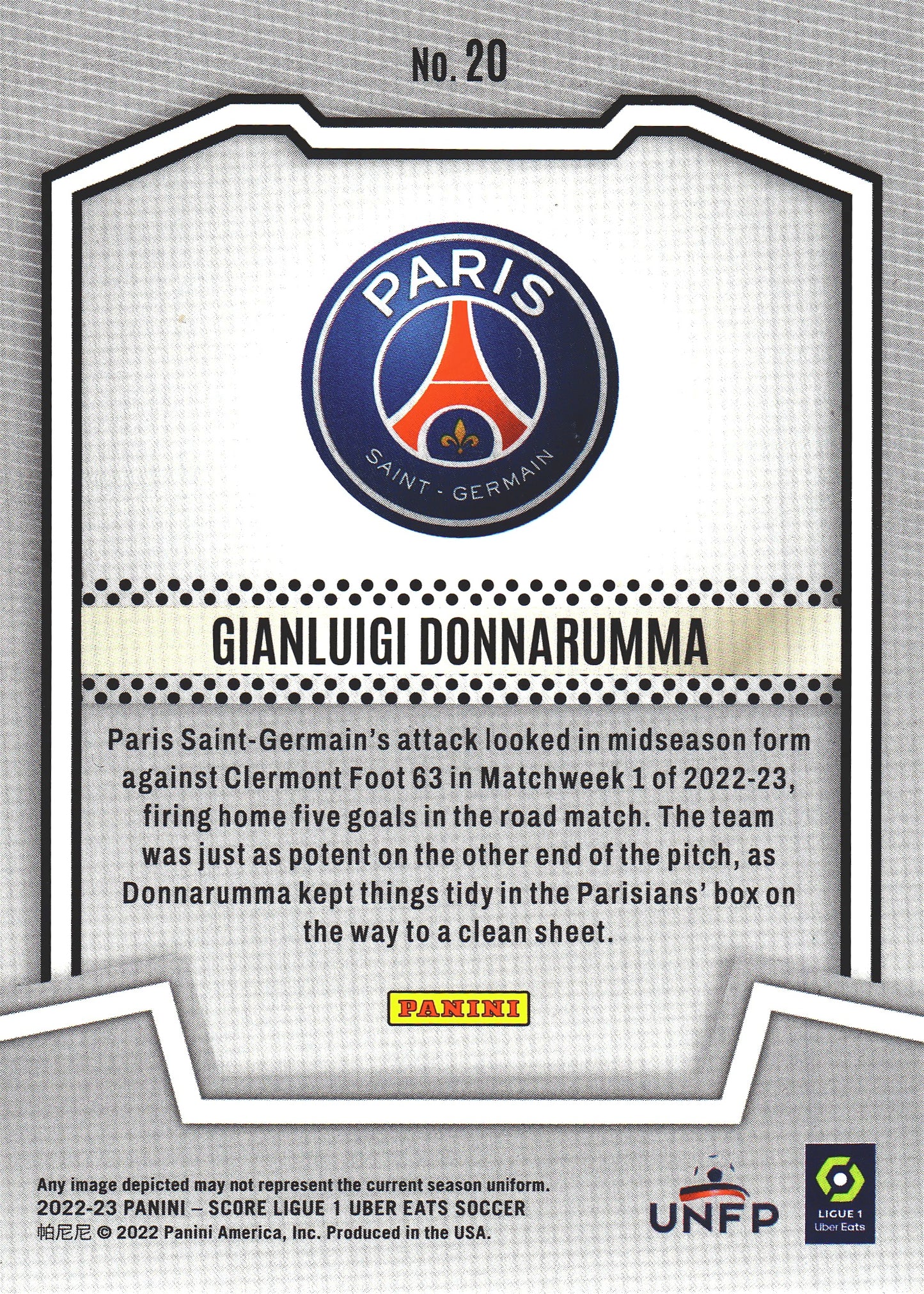 2022 Panini Score Ligue 1 Score Team Gianluigi Donnarumma #20 Paris Saint-Germain