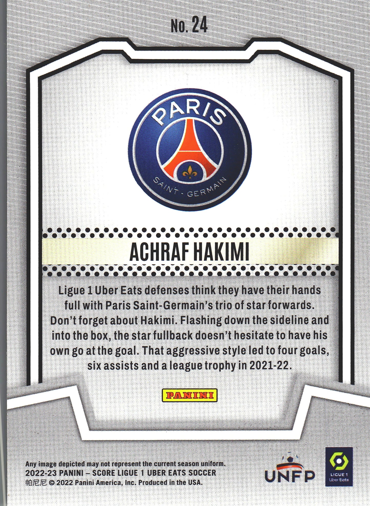 2022 Panini Score Ligue 1 Score Team Achraf Hakimi #24 Paris Saint-Germain