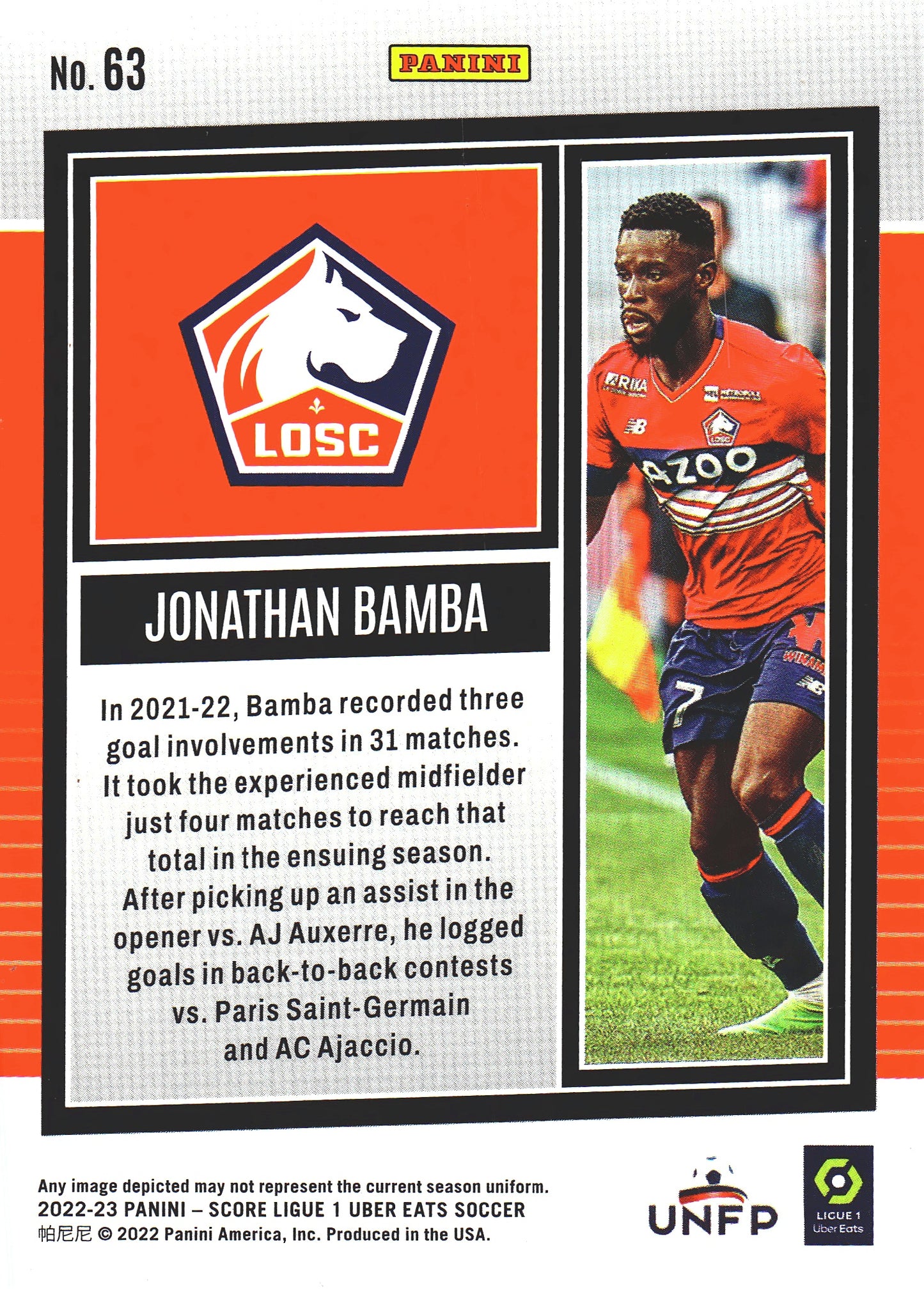 2022 Panini Score Ligue 1 Swirl RC Jonathan Bamba #63 LOSC Lille