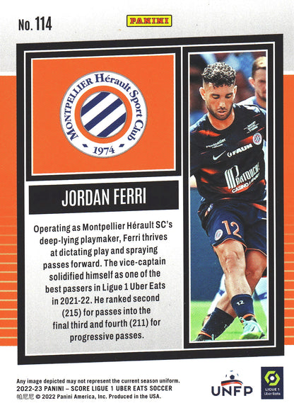 2022 Panini Score Ligue 1 Pink Swirl /45 Jordan Ferri RC #114 Montpellier Herault SC