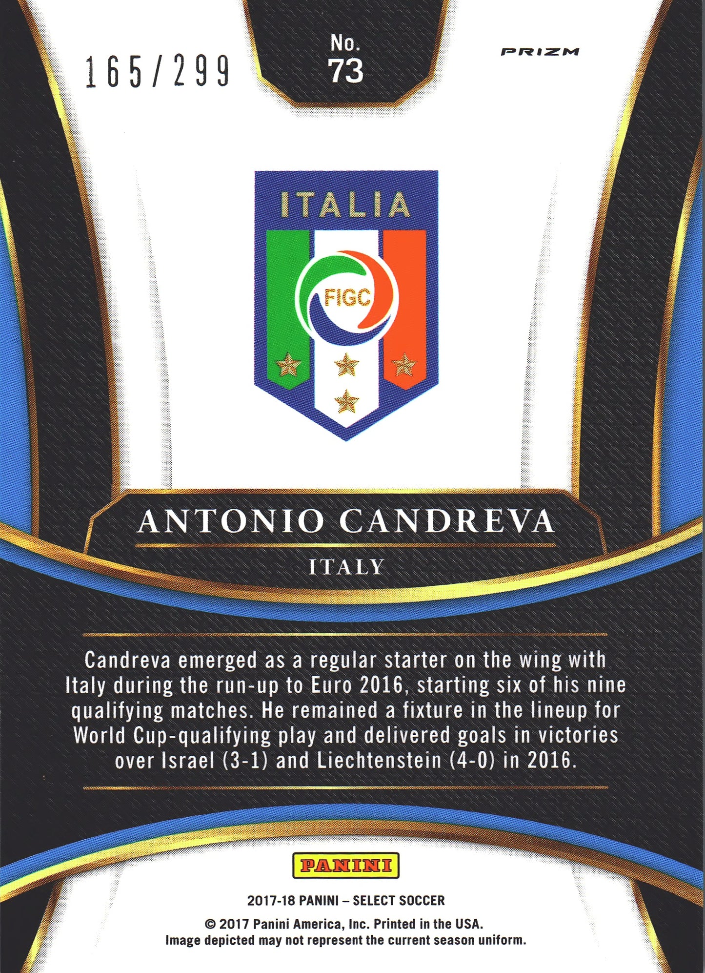 2017 Panini Select Antonio Candreva #73 Italie Blue Prizm Color Match /299
