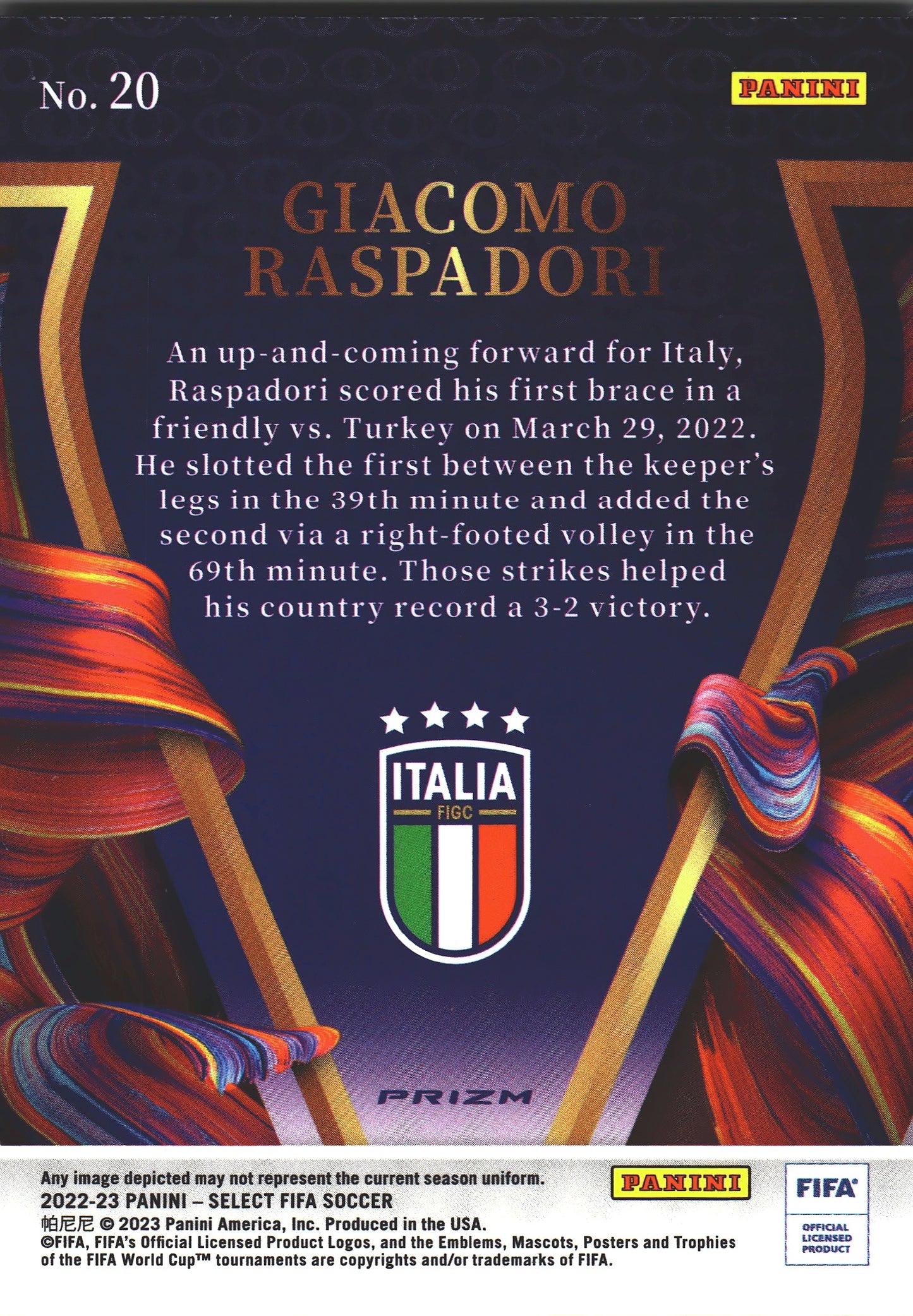 2022 Panini Select FIFA Visionary Giacomo Raspadori #20 Italie