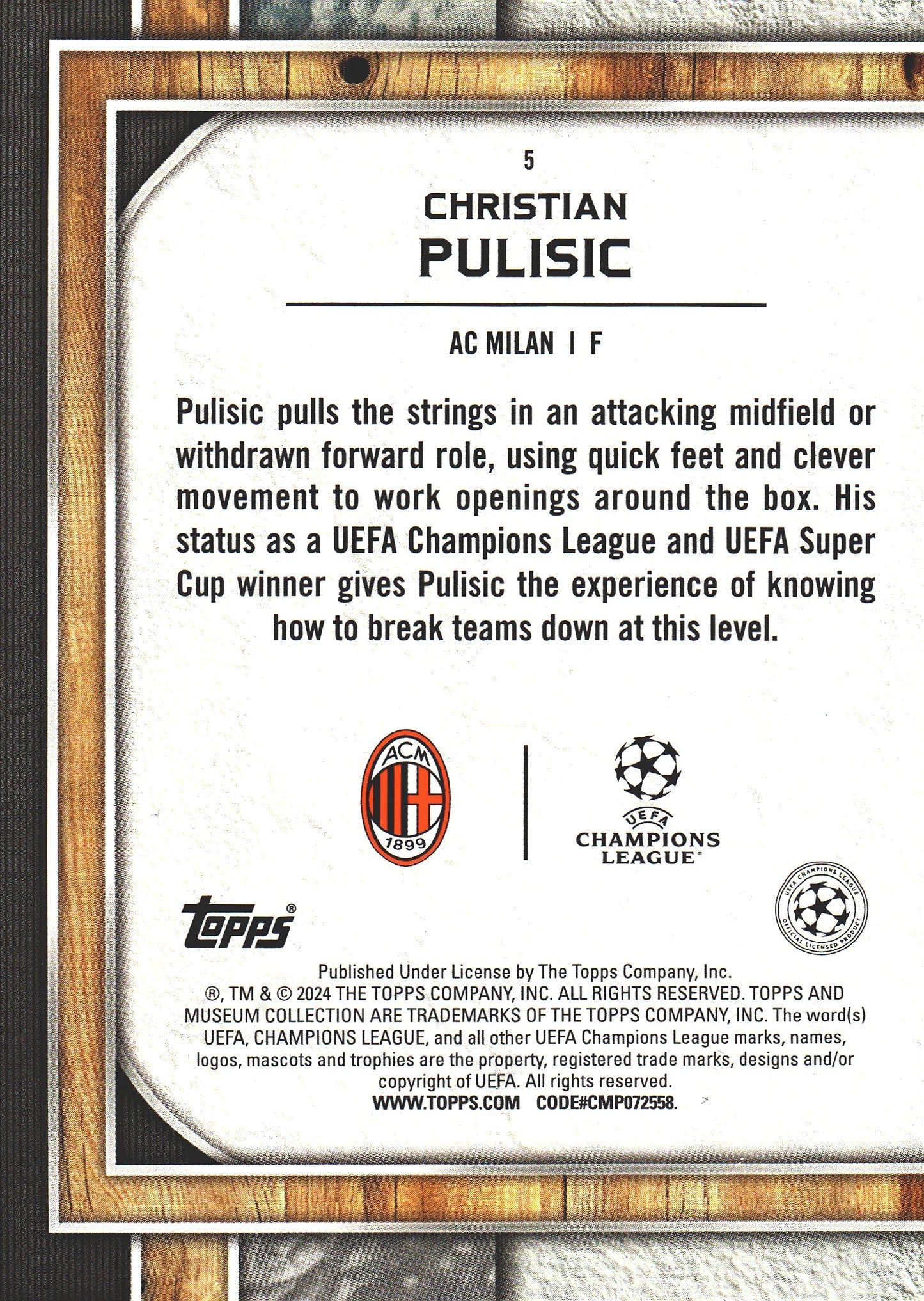 2023 Topps Museum Christian Pulisic #5 AC Milan