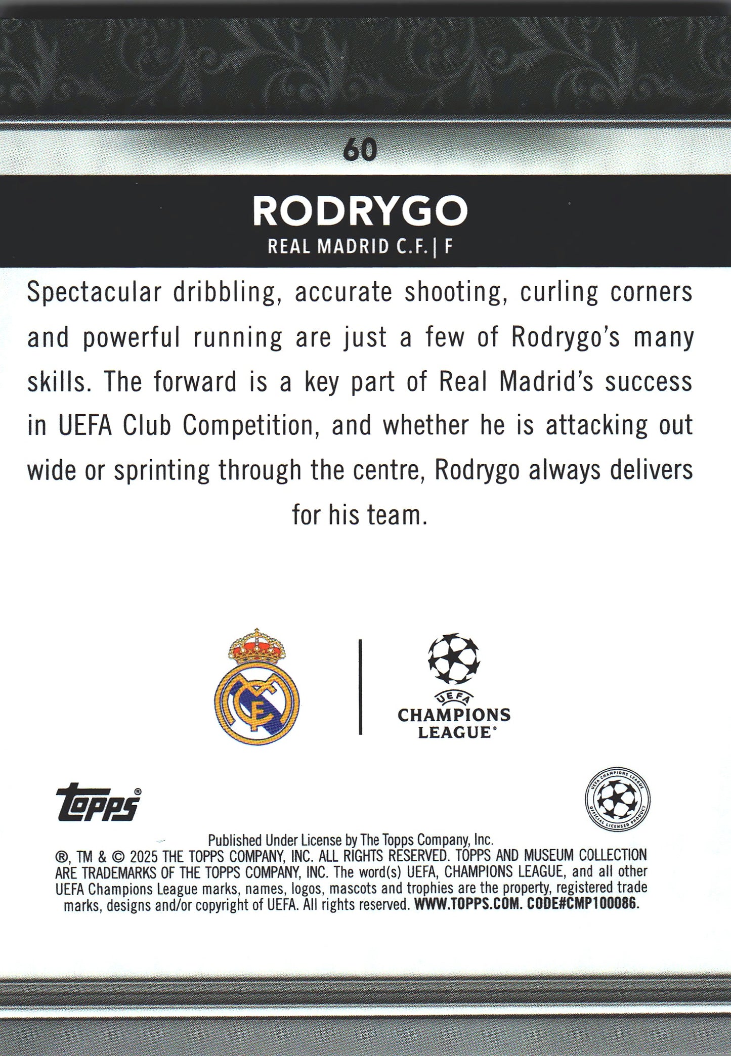 2024 Topps Museum Purple /99 Rodrygo #60 Real Madrid