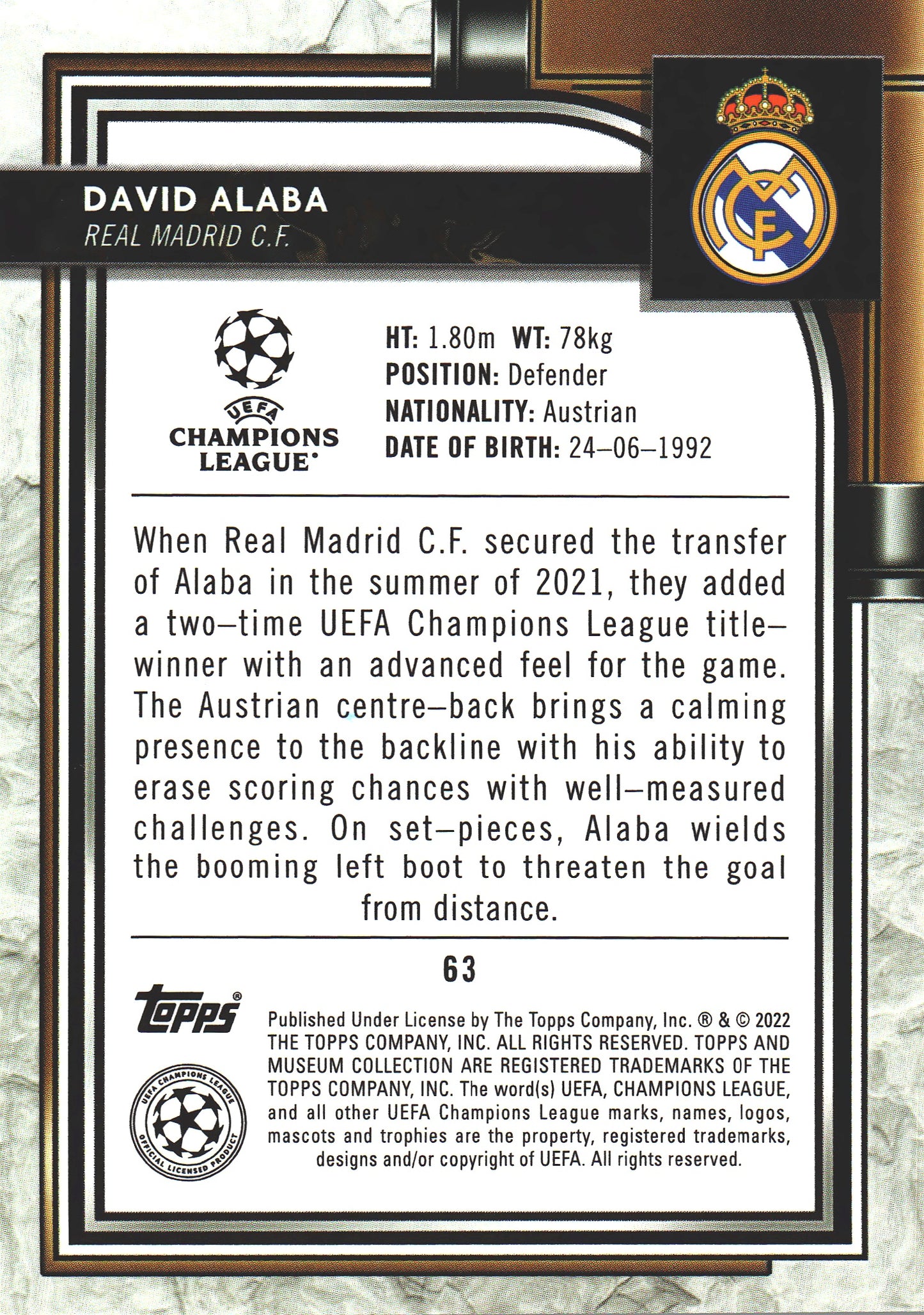 2021 Topps Museum David Alaba /75 #63 Real Madrid