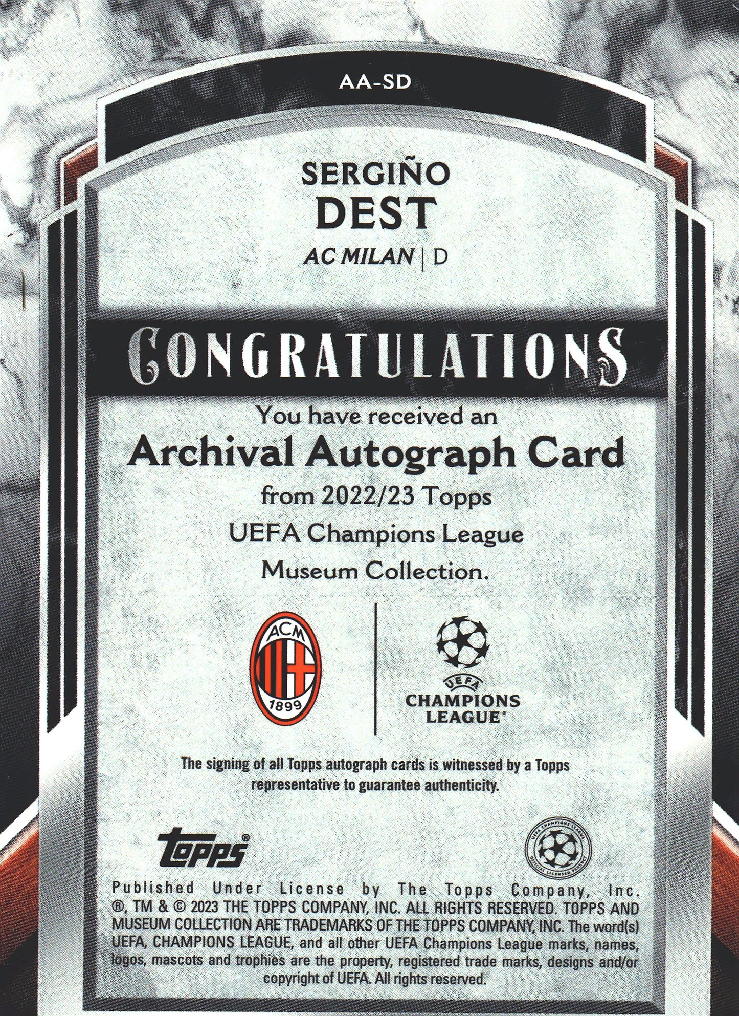 2022 Topps Museum Autograph /299 Sergino Dest #AA-SD AC Milan