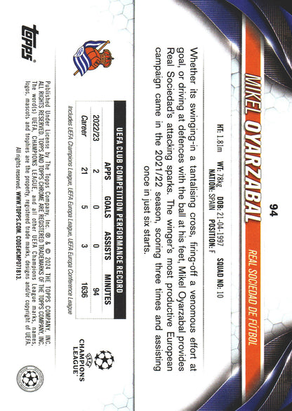 2023 Topps Chrome Sapphire UCC Yellow /75 Mikel Oyarzabal #94 Real Sociedad