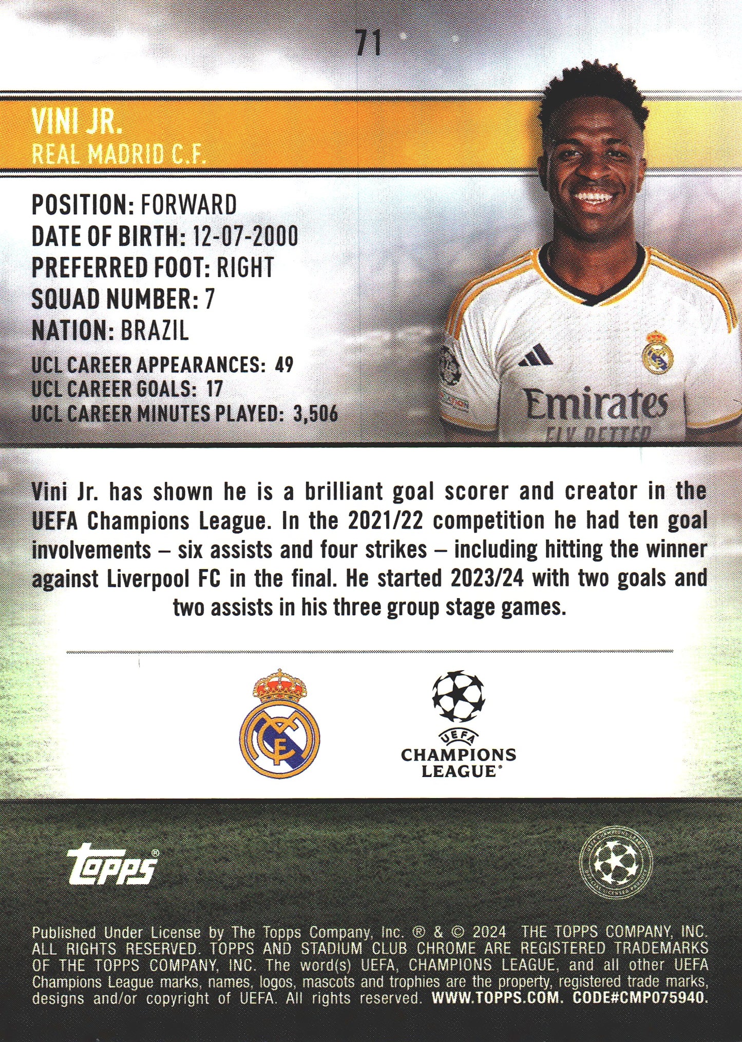 2024 Topps Chrome Stadium Club Gold /50 Vini Jr #71 Real Madrid