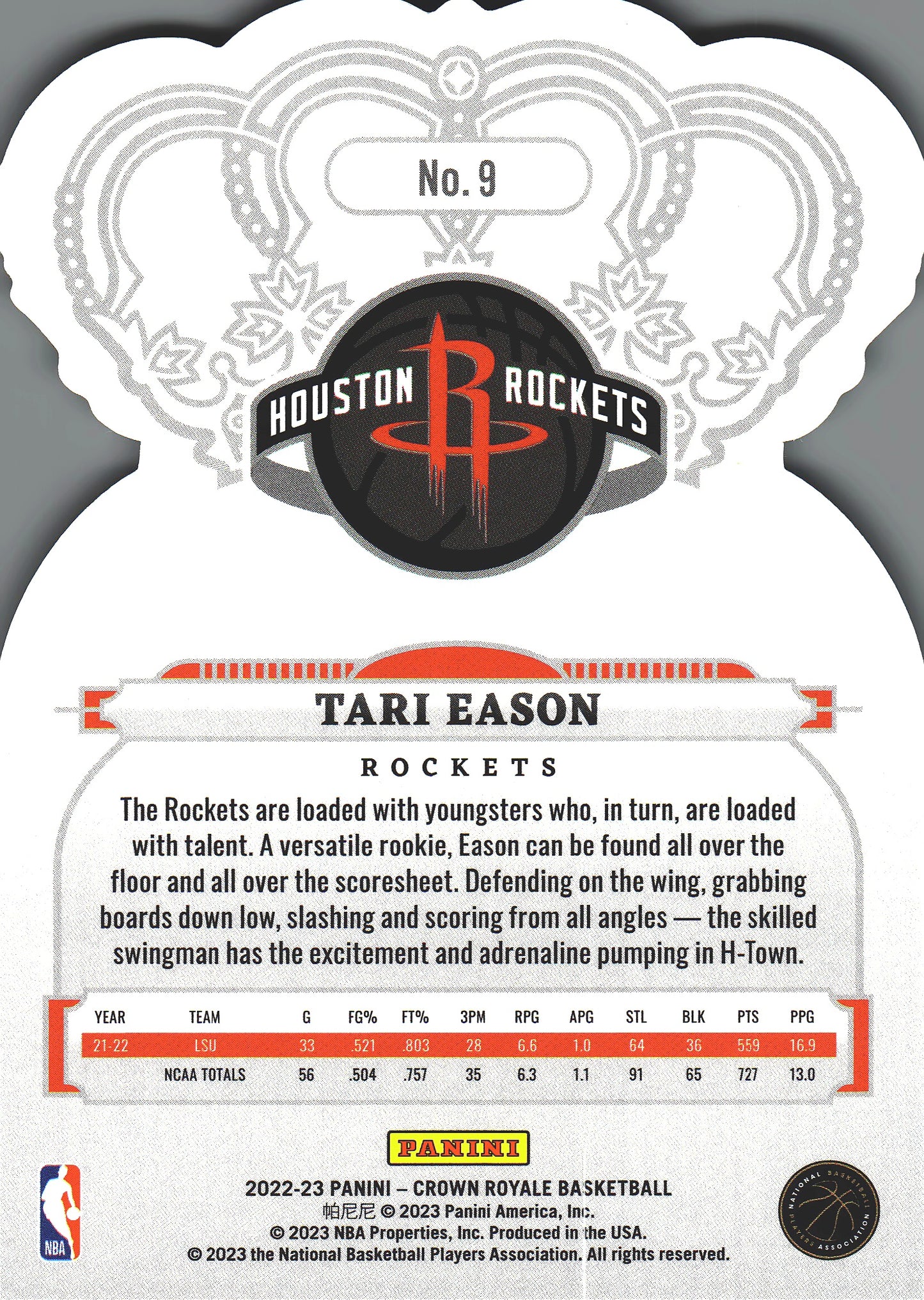2022 Panini Crown Royale Tari Eason RC #9 Houston Rockets