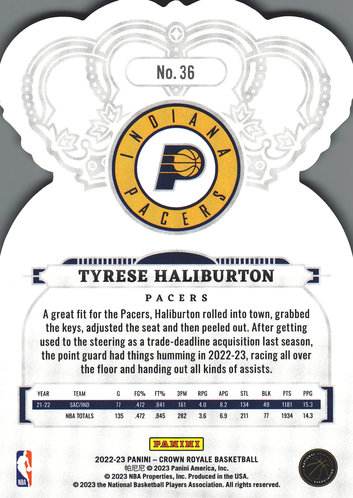 2022 Panini Crown Royale Tyrese Haliburton #36 Indiana Pacers