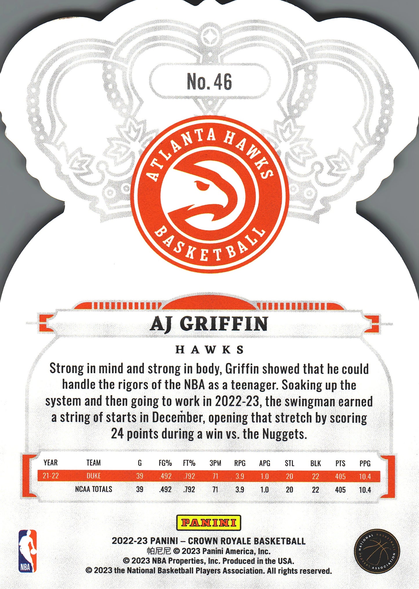 2022 Panini Crown Royale AJ Griffin RC #46 Atlanta Hawks