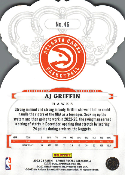 2022 Panini Crown Royale AJ Griffin RC #46 Atlanta Hawks
