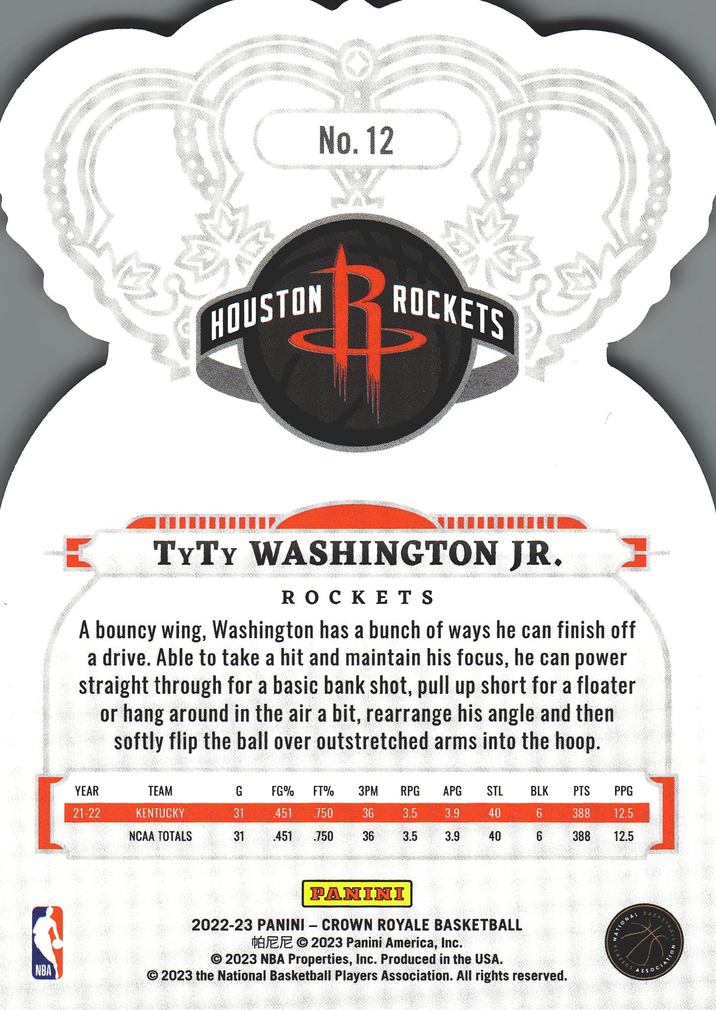 2022 Panini Crown Royale TyTy Washington Jr. RC #12 Houston Rockets