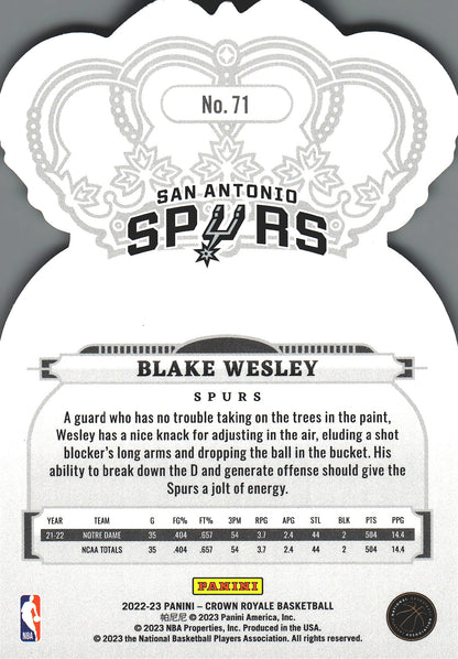 2022 Panini Crown Royale Blake Wesley RC #71 San Antonio Spurs