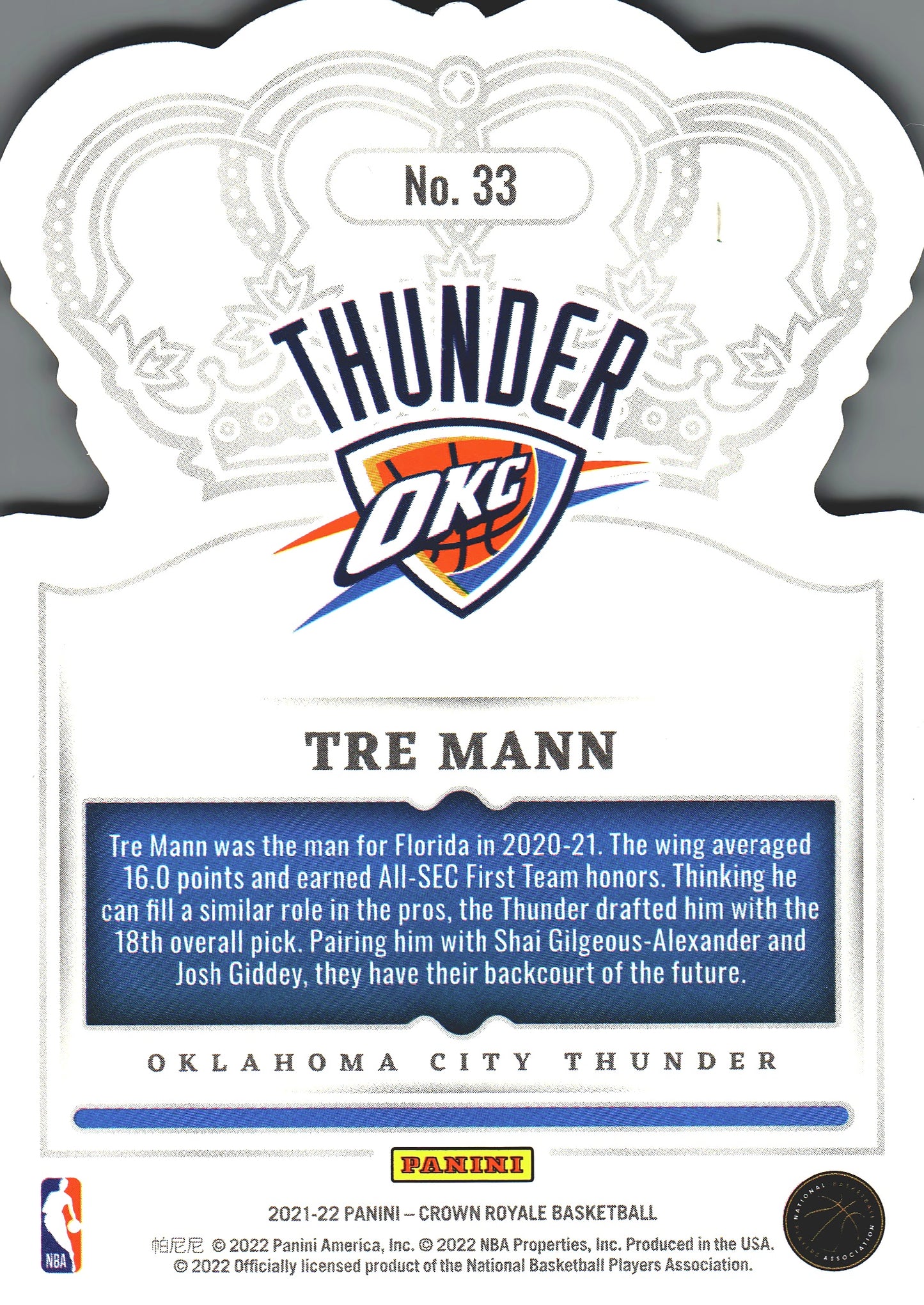 2021 Panini Crown Royale Tre Mann RC #33 Oklahoma City Thunder