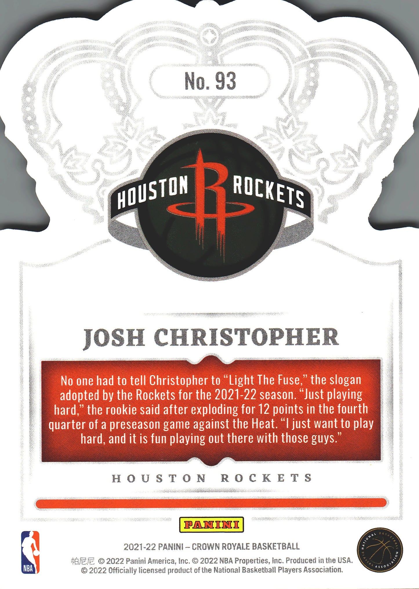 2021 Panini Crown Royale Josh Christopher RC #93 Houston Rockets