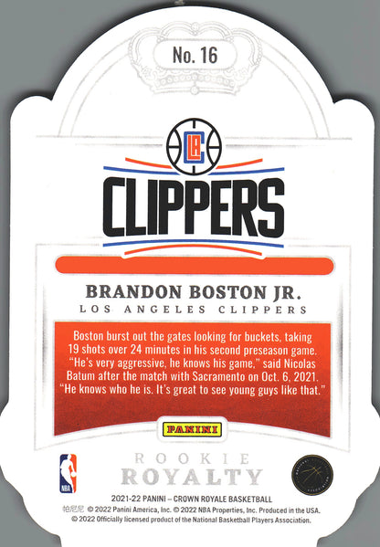 2021 Panini Crown Royale Rookie Royalty /99 Brandon Boston Jr. RC #16 Los Angeles Clippers