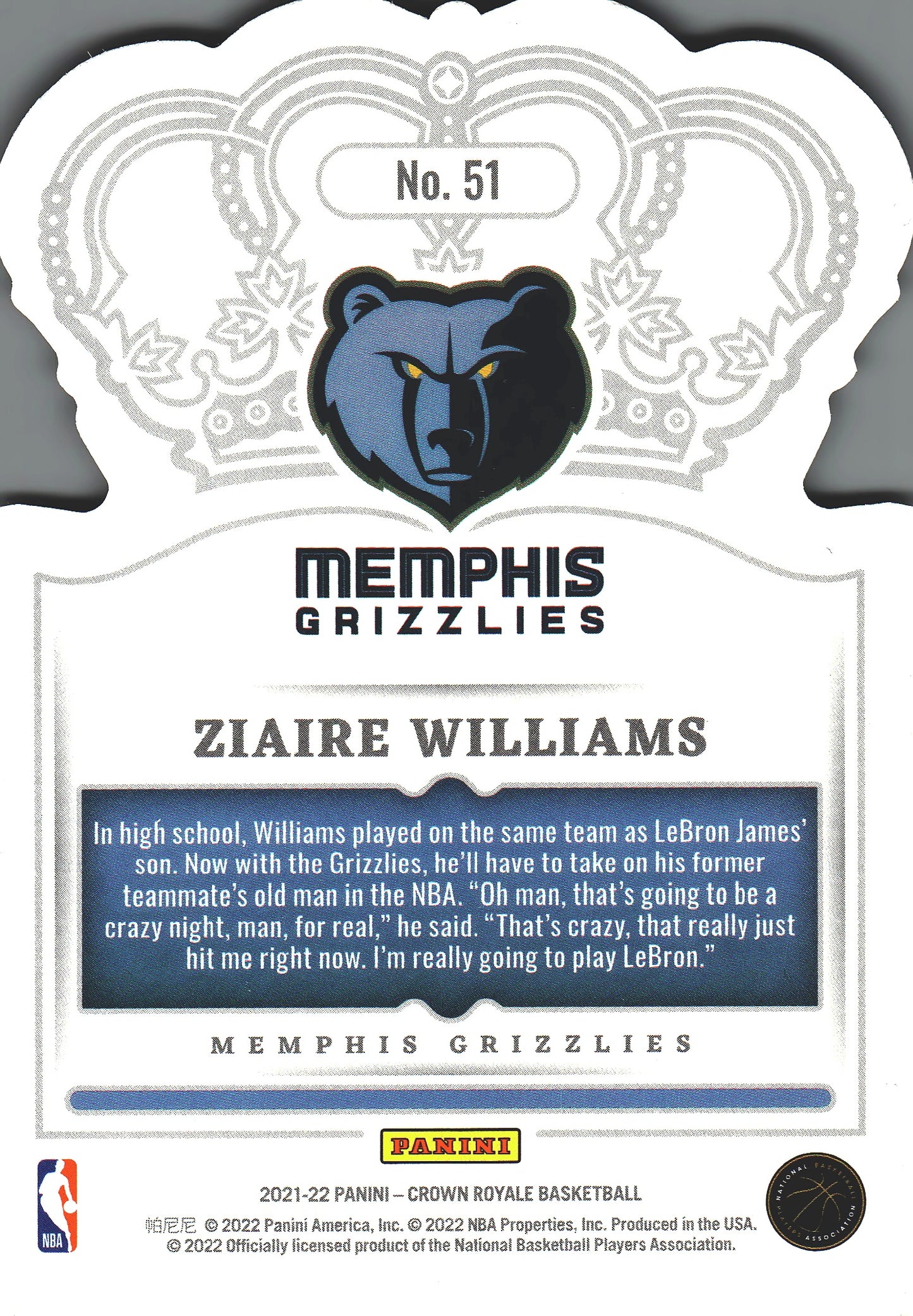 2021 Panini Crown Royale Crystal Ziaire Williams RC #51 Memphis Grizzlies