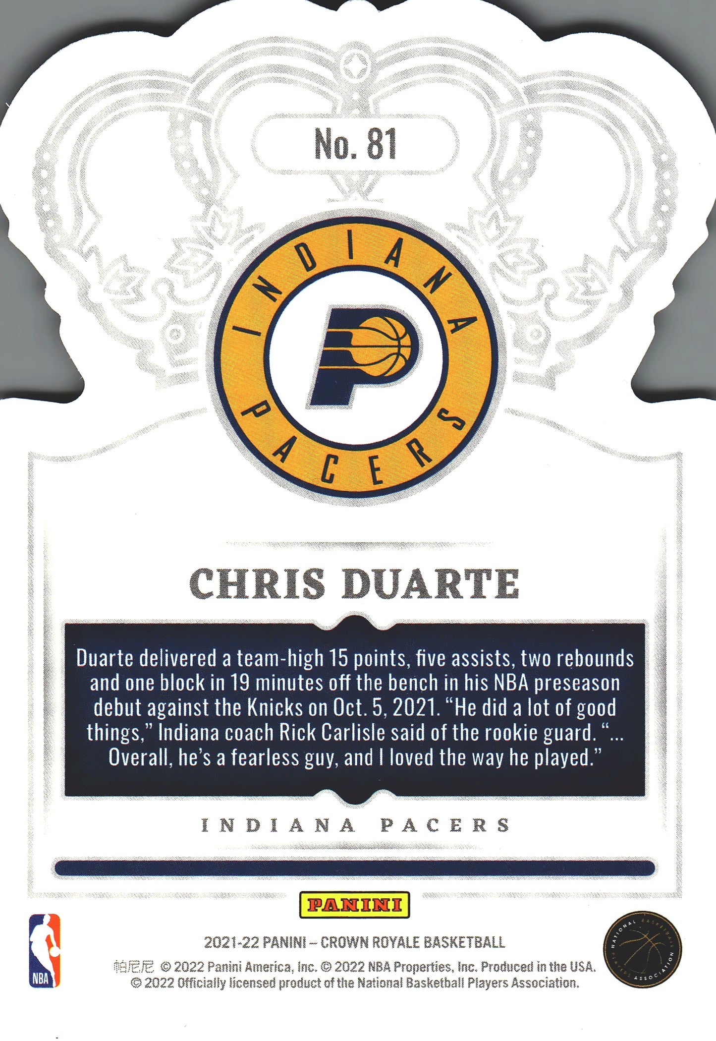 2021 Panini Crown Royale Crystal Chris Duarte RC #81 Indiana Pacers