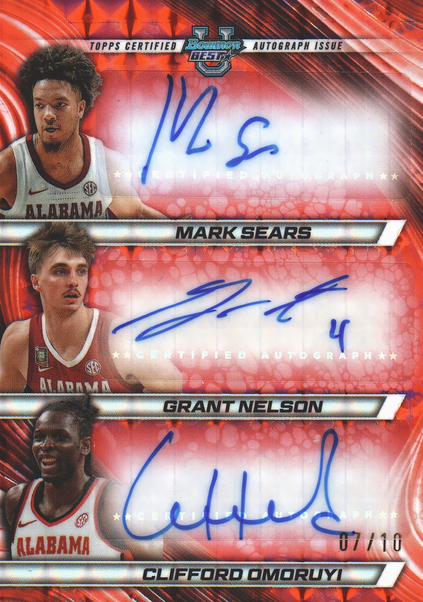 2024 Topps Bowman Best Triple Autograph Red /10 Sears/Nelson/Omoruyi #TRA-MGC Alabama (NCAA)