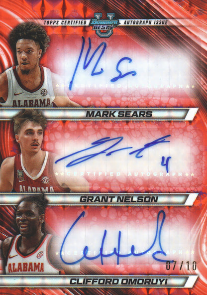 2024 Topps Bowman Best Triple Autograph Red /10 Sears/Nelson/Omoruyi #TRA-MGC Alabama (NCAA)