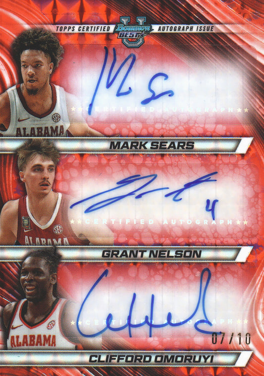 2024 Topps Bowman Best Triple Autograph Red /10 Sears/Nelson/Omoruyi #TRA-MGC Alabama (NCAA)