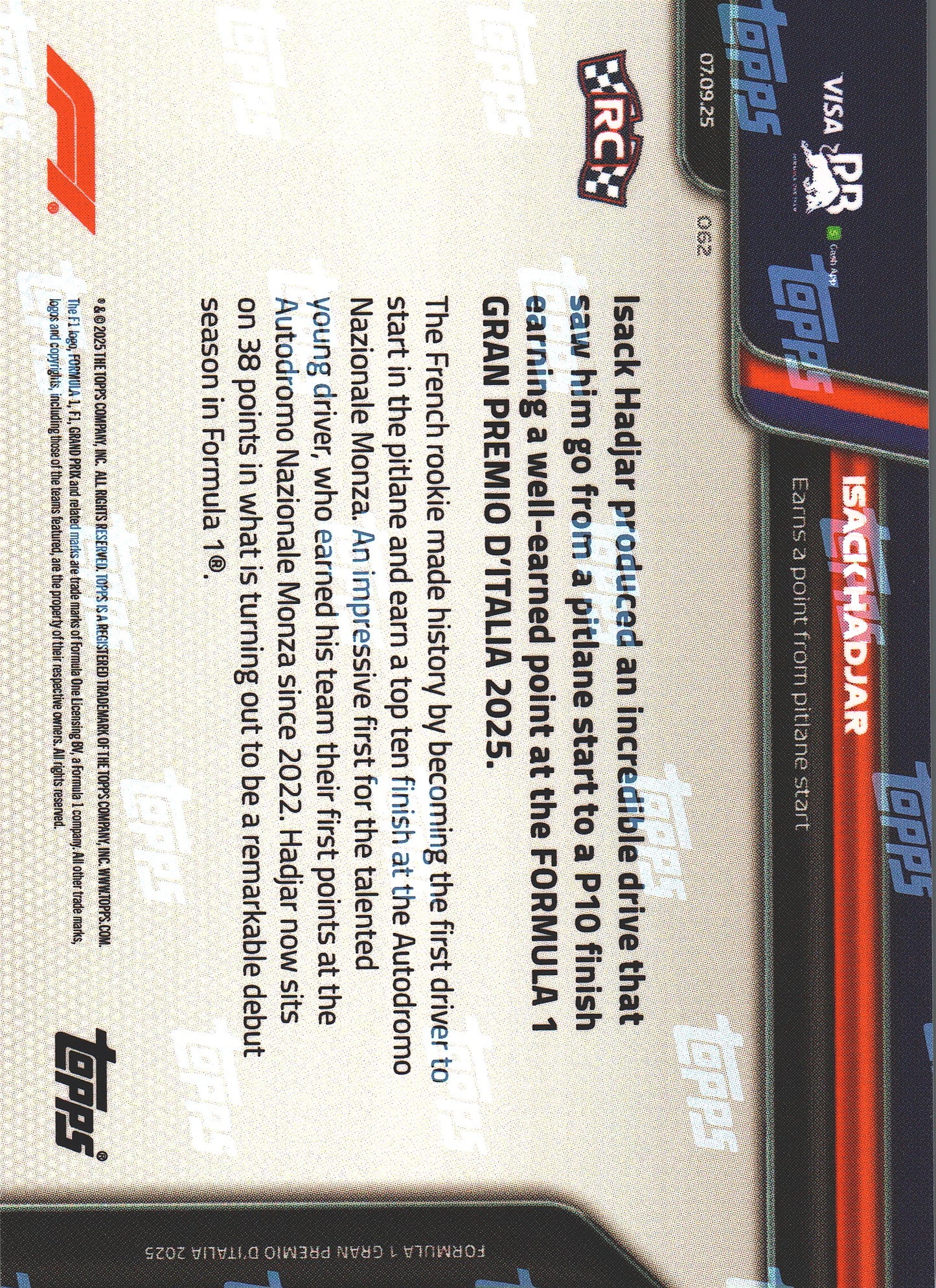 2025 Topps Now Formula 1 RC Isack Hadjar #062 Visa Cash App RB