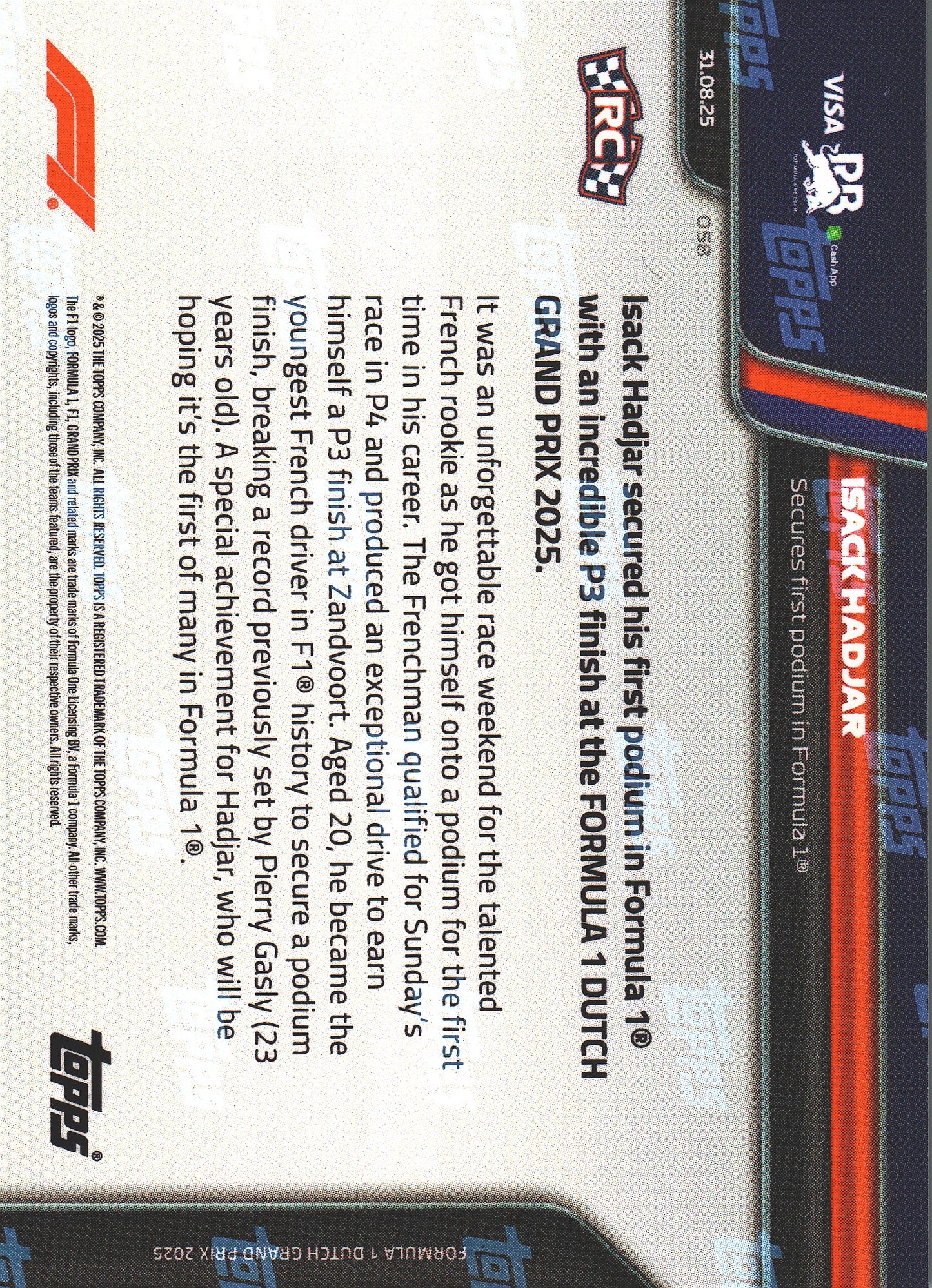 2025 Topps Now Formula 1 RC Isack Hadjar #058 Visa Cash App RB