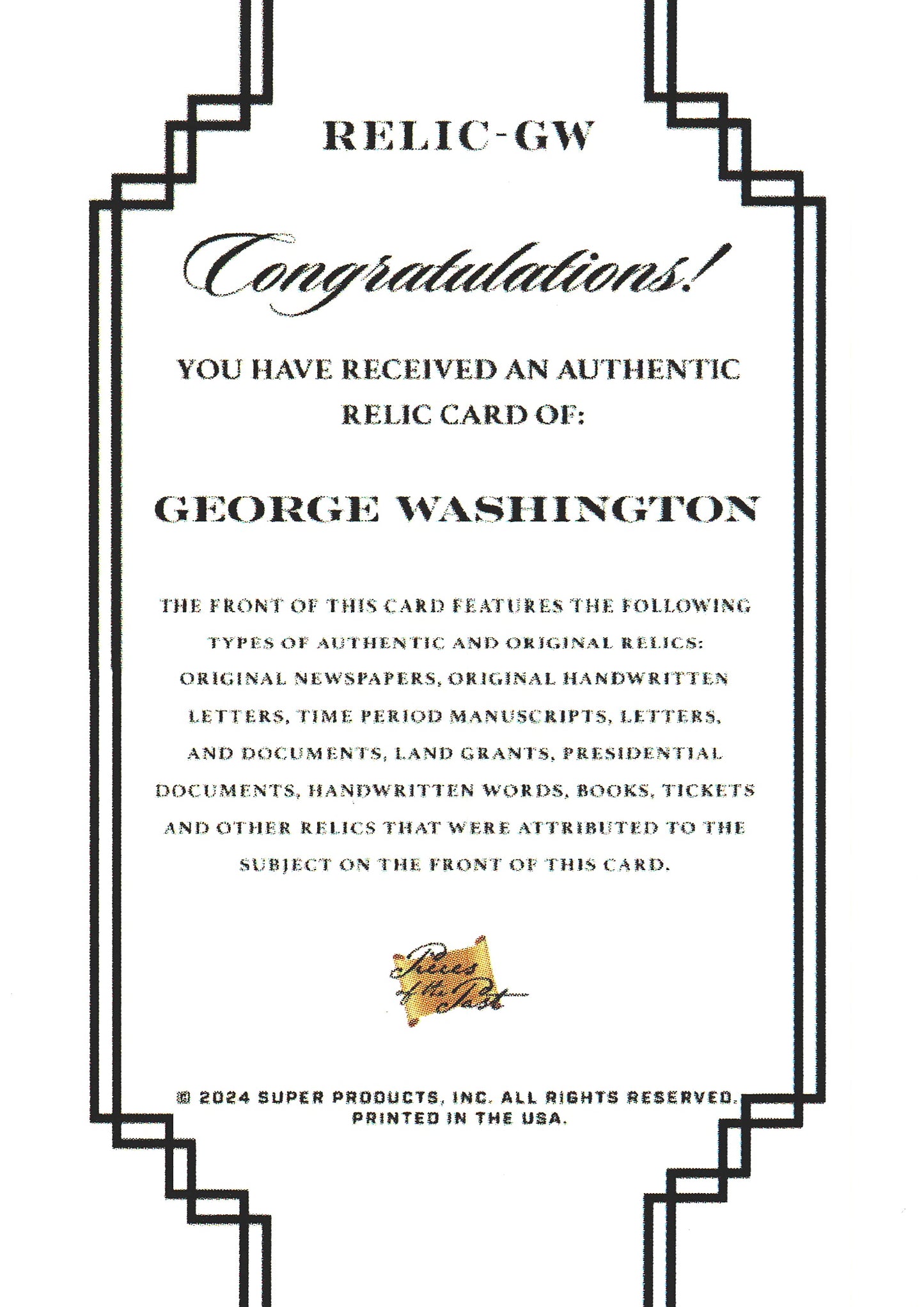 2024 Pieces of the Past Relic George Washington #RELIC-GW