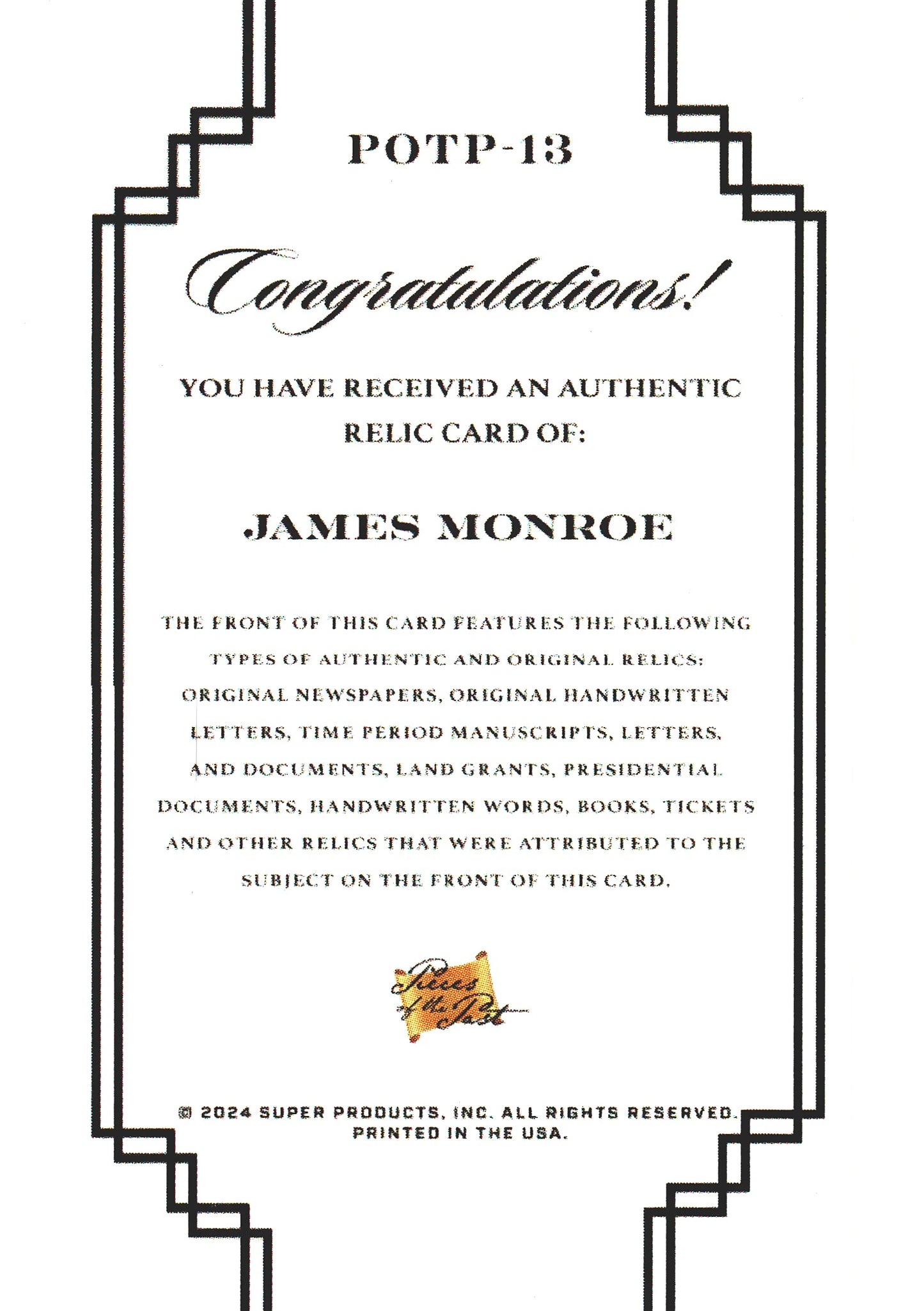 2024 Pieces of the Past Relic James Monroe #POTP-13