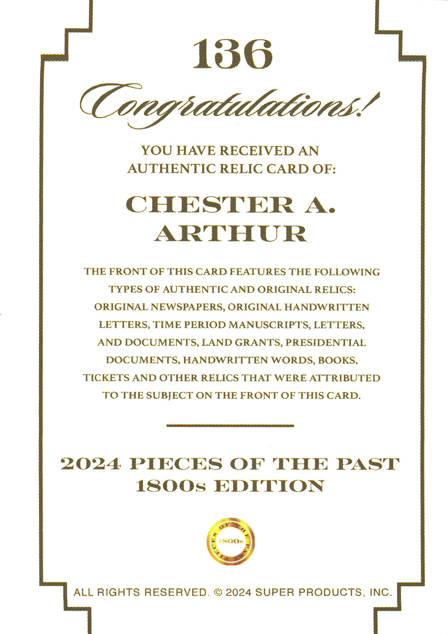2024 Pieces of the Past Jumbo Manuscript Relic Chester A Arthur #136