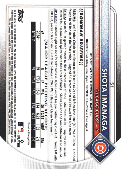 2025 Topps Bowman Shota Imanaga Pink /175 #51 Chicago Cubs