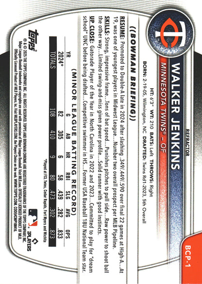 2025 Topps Bowman Chrome Prospect Walker Jenkins /499 #BCP-1 Minnesota Twins