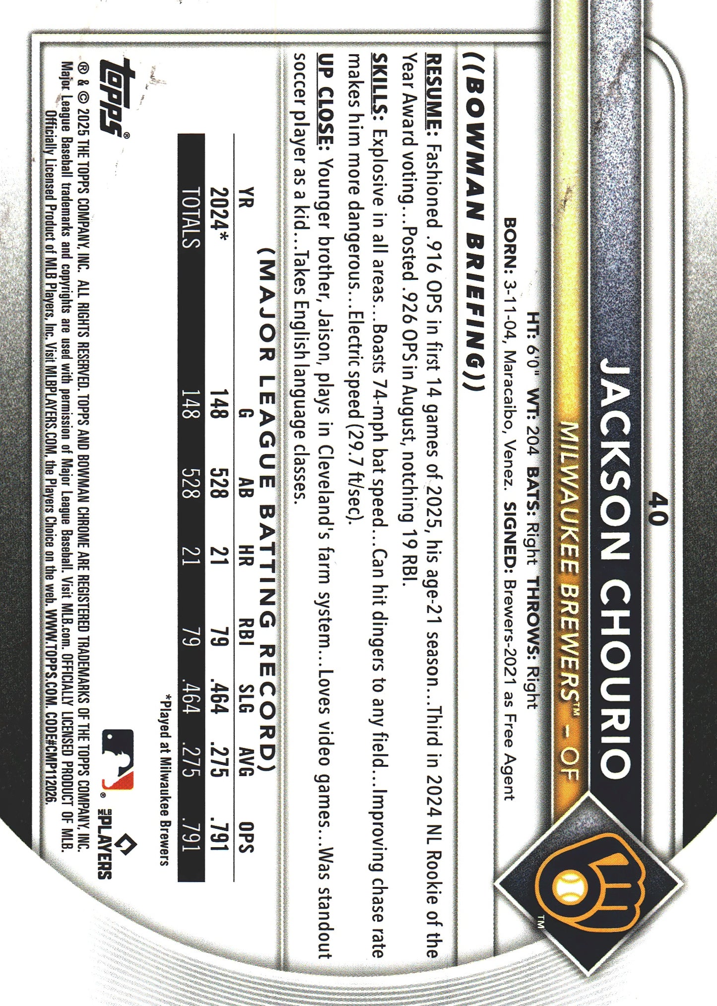 2025 Topps Bowman Chrome Jackson Chourio Geometric /499 #40 Milwaukee Brewers