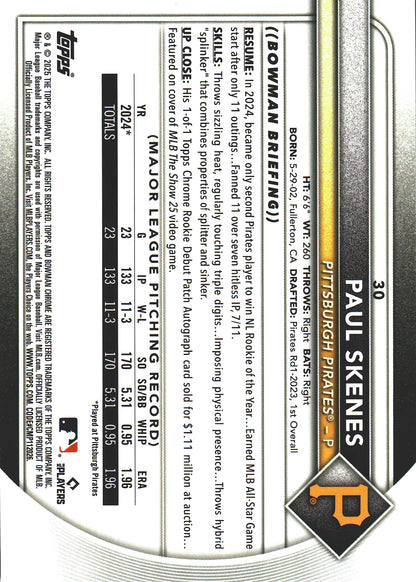 2025 Topps Bowman Chrome Paul Skenes Fuchsia Wave /299 #30 Pittsburgh Pirates