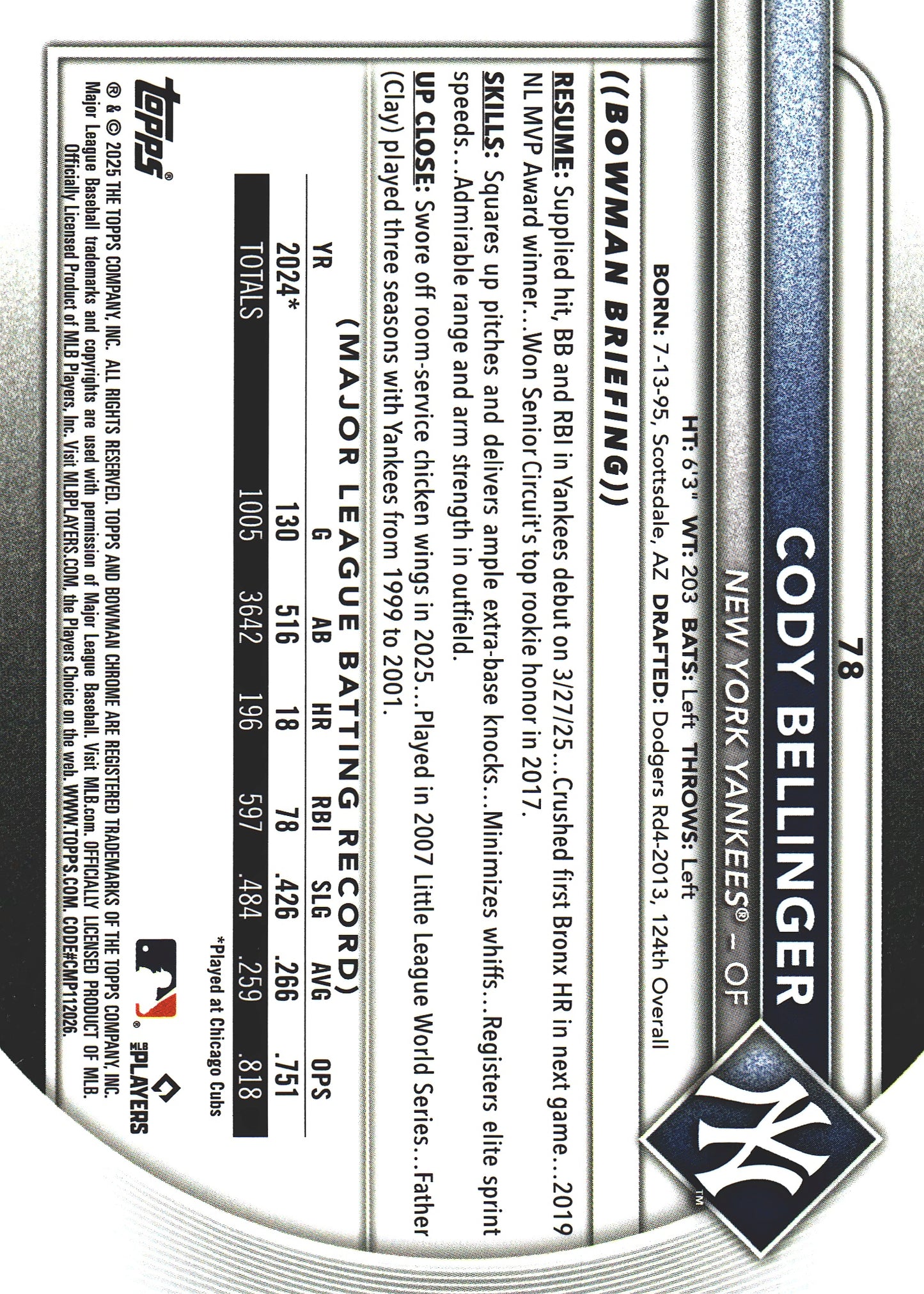 2025 Topps Bowman Chrome Cody Bellinger Fuchsia Wave /299 #78 New York Yankees