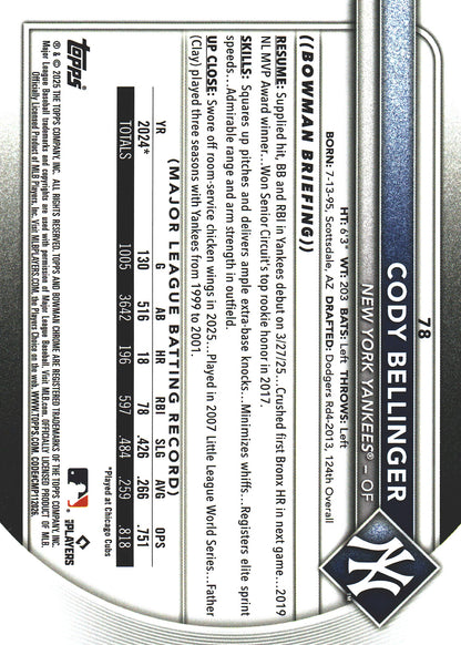 2025 Topps Bowman Chrome Cody Bellinger Fuchsia Wave /299 #78 New York Yankees