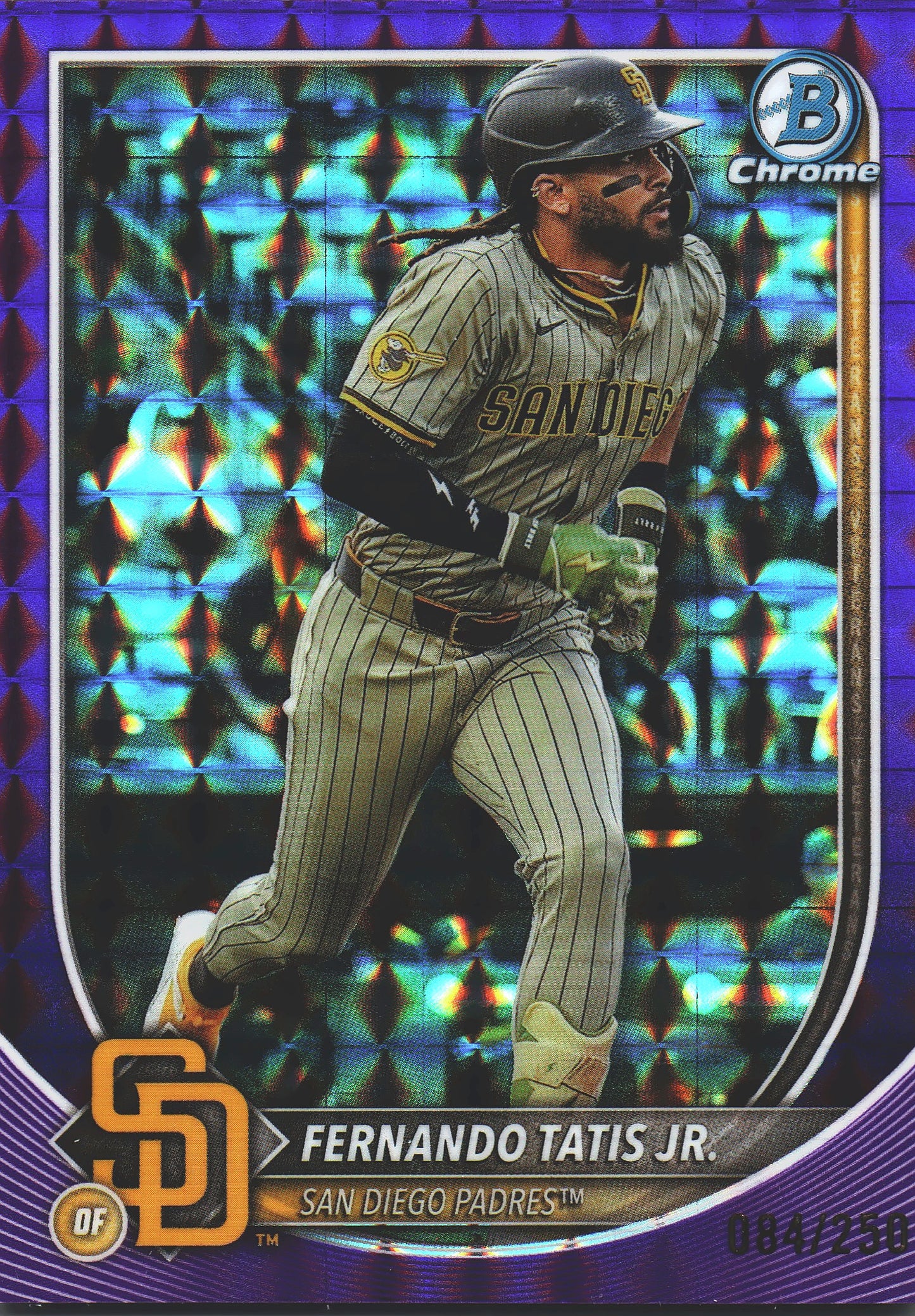 2025 Topps Bowman Chrome Fernando Tatis Jr Purple Geometric /250 #8 San Diego Padres